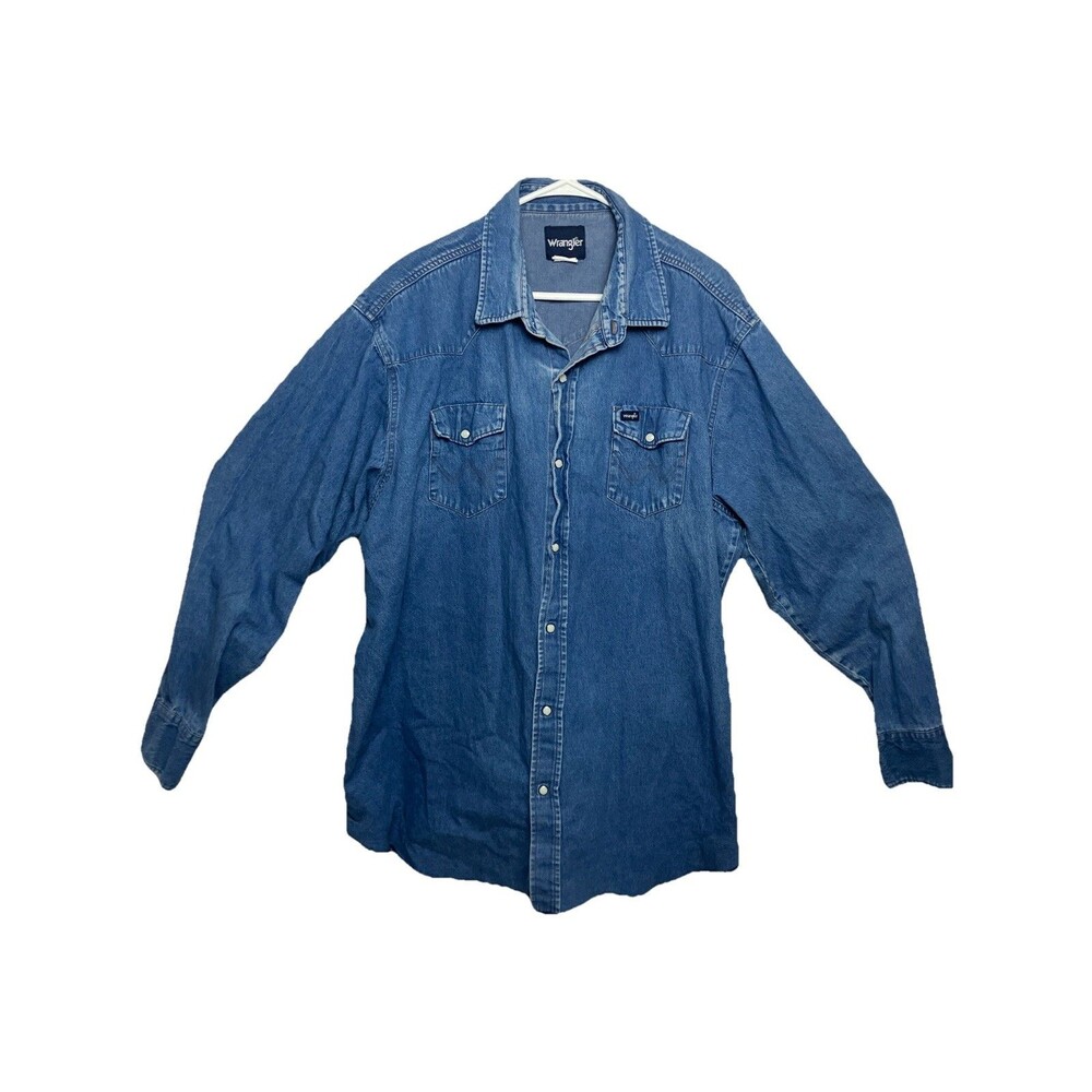 Vintage Wrangler Denim Pearl Snap Button Shirt Men's XXL Blue Western Cowboy